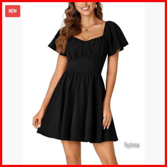 Mini Dress with Tie Back Square Neck Ruffle Hem Short Sleeve Flowy - Picture 2 of 7
